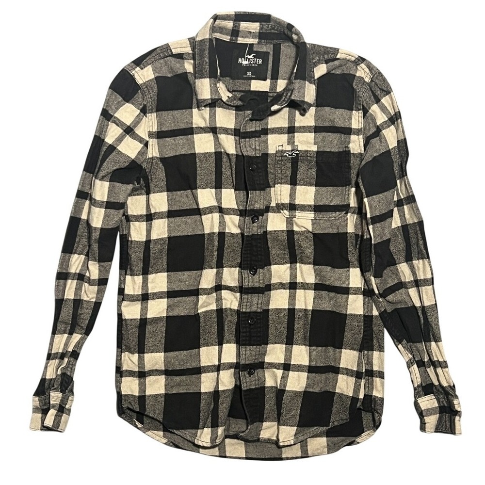 Hollister Men's XS Black Cream Plaid Flannel Long‎ Sleeve Button Down Shirt